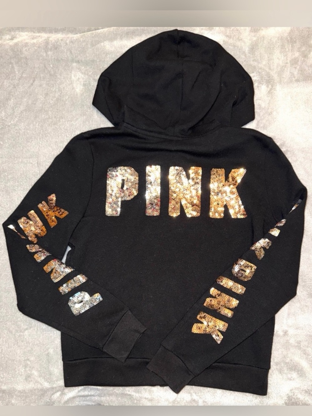 Victoria’s Secret PINK Black Sequin Full Zip Hoodie Gold Silver Bling Size Small - Picture 3 of 4